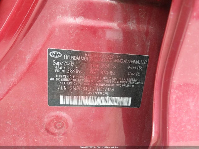 Aukcja sprzedaży 2020 Hyundai Elantra Value Edition, vin: 5NPD84LF2LH542466, numer aukcji: 45077678