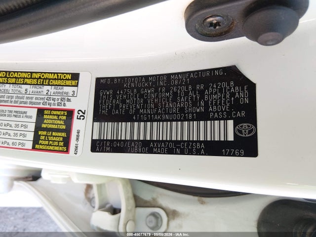 Aukcja sprzedaży 2022 Toyota Camry Se, vin: 4T1G11AK9NU002181, numer aukcji: 45077679