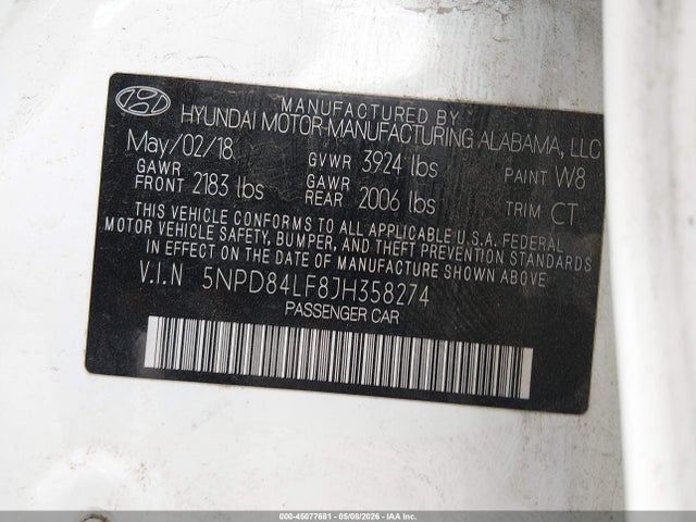 Aukcja sprzedaży 2018 Hyundai Elantra Sel, vin: 5NPD84LF8JH358274, numer aukcji: 45077681