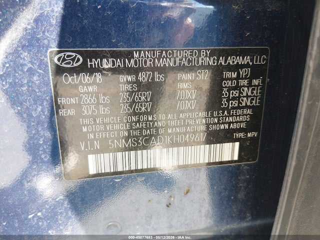 45077683 :رقم المزاد ، 5NMS3CAD1KH049617 vin ، 2019 Hyundai Santa Fe Sel مزاد بيع
