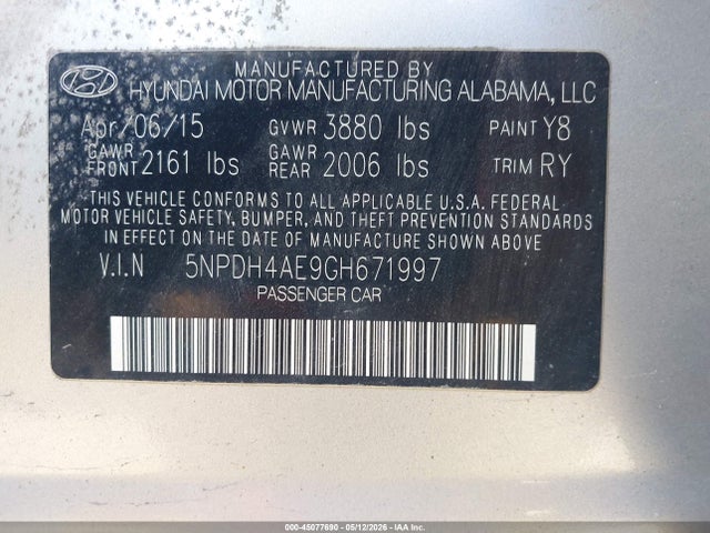 Продажа на аукционе авто 2016 Hyundai Elantra Value Edition, vin: 5NPDH4AE9GH671997, номер лота: 45077690