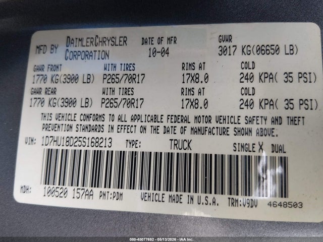 45077692 :رقم المزاد ، 1D7HU18D25S168213 vin ، 2005 Dodge Ram 1500 Slt/laramie مزاد بيع