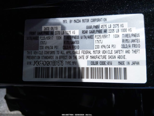 45077694 :رقم المزاد ، JM3KFACM2K1661576 vin ، 2019 Mazda Cx-5 Touring مزاد بيع