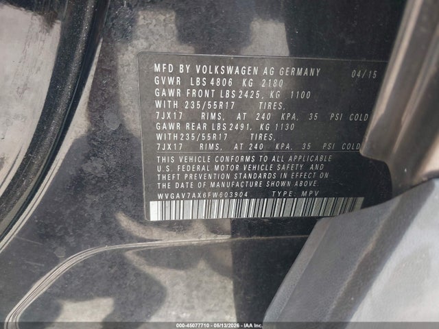 Aukcja sprzedaży 2015 Volkswagen Tiguan Se, vin: WVGAV7AX6FW603904, numer aukcji: 45077710