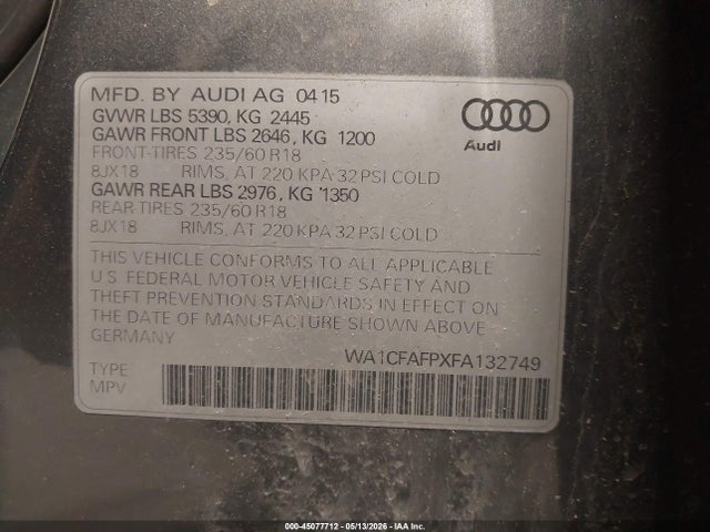 2015 Audi Q5 2.0t Premium მანქანა იყიდება აუქციონზე, vin: WA1CFAFPXFA132749, აუქციონის ნომერი: 45077712
