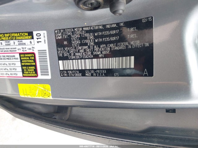 Продажа на аукционе авто 2015 Toyota Sienna Le 8 Passenger, vin: 5TDKK3DC7FS582404, номер лота: 45077716