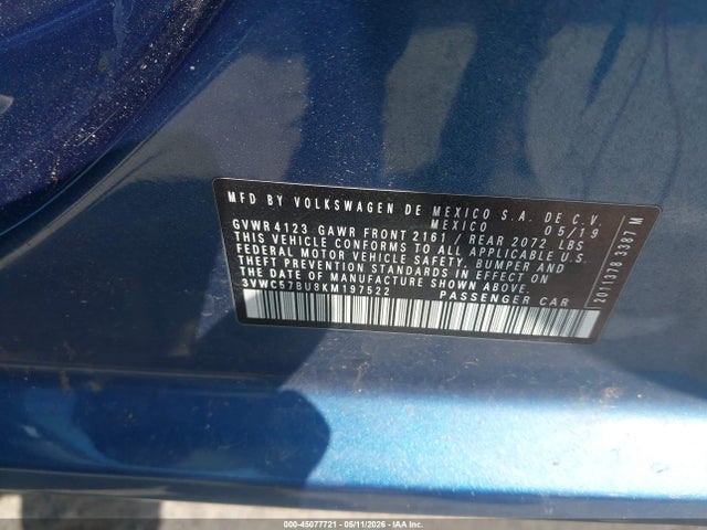 Aukcja sprzedaży 2019 Volkswagen Jetta 1.4t R-line/1.4t S/1.4t Se, vin: 3VWC57BU8KM197522, numer aukcji: 45077721