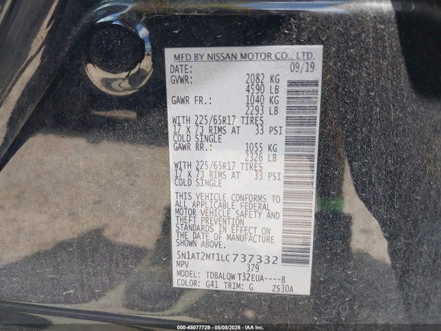 45077729 :رقم المزاد ، 5N1AT2MT1LC737332 vin ، 2020 Nissan Rogue Sv Fwd مزاد بيع
