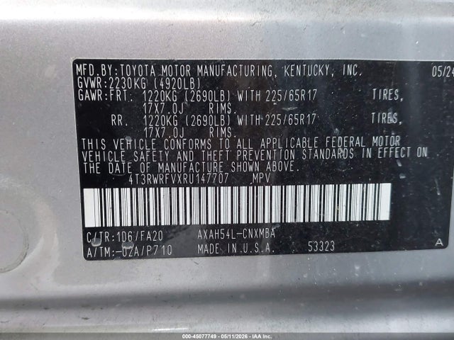 2024 Toyota Rav4 Hybrid Xle მანქანა იყიდება აუქციონზე, vin: 4T3RWRFVXRU147707, აუქციონის ნომერი: 45077749