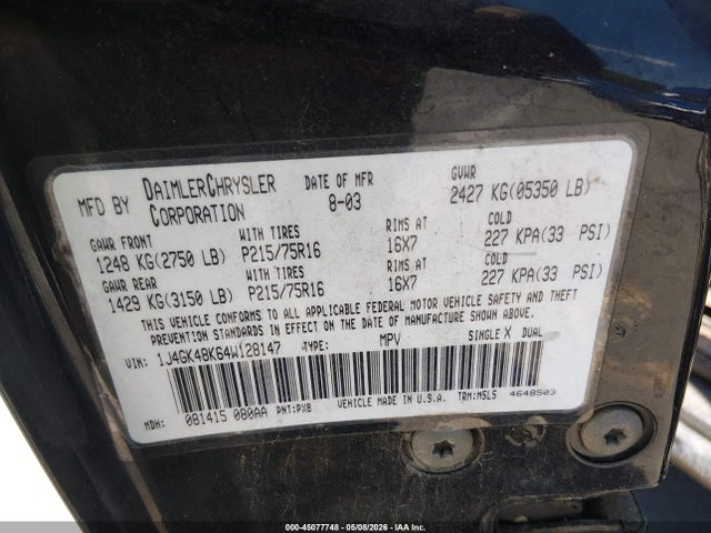 2004 Jeep Liberty Sport მანქანა იყიდება აუქციონზე, vin: 1J4GK48K64W128147, აუქციონის ნომერი: 45077748