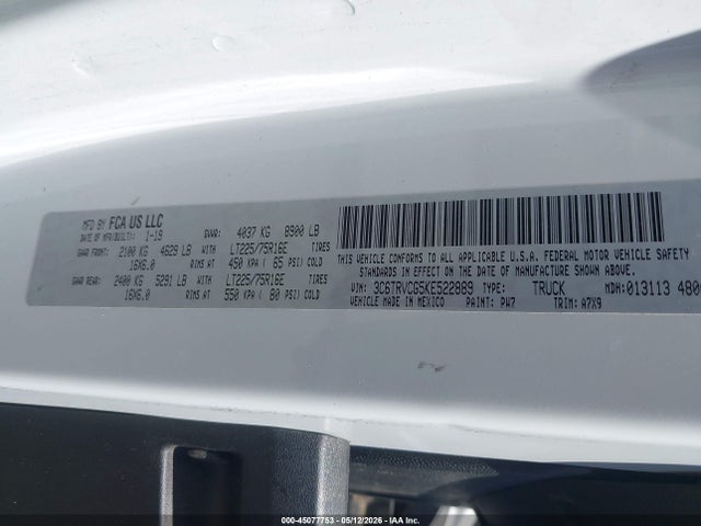 45077753 :رقم المزاد ، 3C6TRVCG5KE522889 vin ، 2019 Ram Promaster 2500 High Roof 136 Wb مزاد بيع