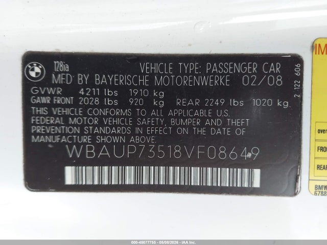 2008 Bmw 128i მანქანა იყიდება აუქციონზე, vin: WBAUP73518VF08649, აუქციონის ნომერი: 45077755