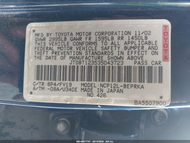 Продаж на аукціоні авто 2003 Toyota Echo, vin: JTDBT123535043723, номер лоту: 45077757