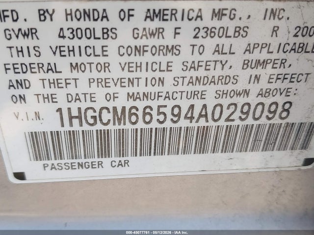 2004 Honda Accord 3.0 Ex მანქანა იყიდება აუქციონზე, vin: 1HGCM66594A029098, აუქციონის ნომერი: 45077761