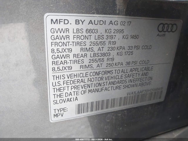 Aukcja sprzedaży 2017 Audi Q7 3.0t Premium, vin: WA1LAAF70HD046415, numer aukcji: 45077772