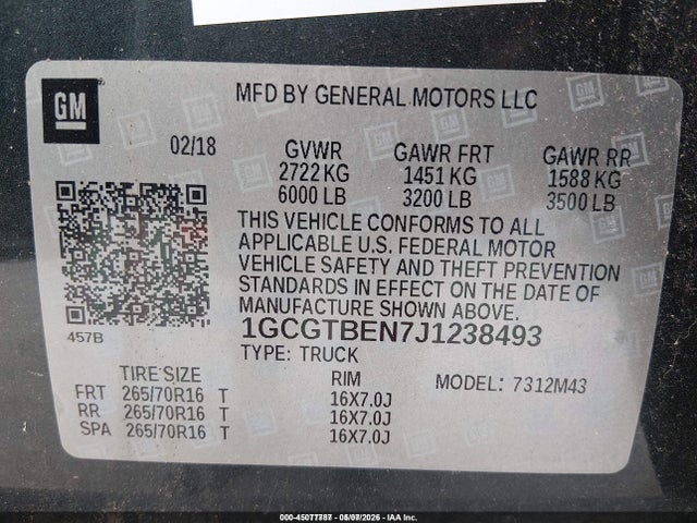 1GCGTBEN7J1238493 Chevrolet Colorado Wt