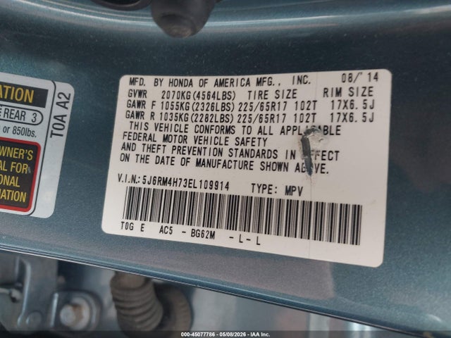 Продаж на аукціоні авто 2014 Honda Cr-v Ex-l, vin: 5J6RM4H73EL109914, номер лоту: 45077786