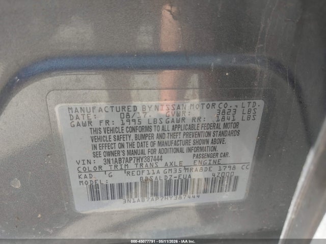 2017 Nissan Sentra Sv მანქანა იყიდება აუქციონზე, vin: 3N1AB7AP7HY387444, აუქციონის ნომერი: 45077791