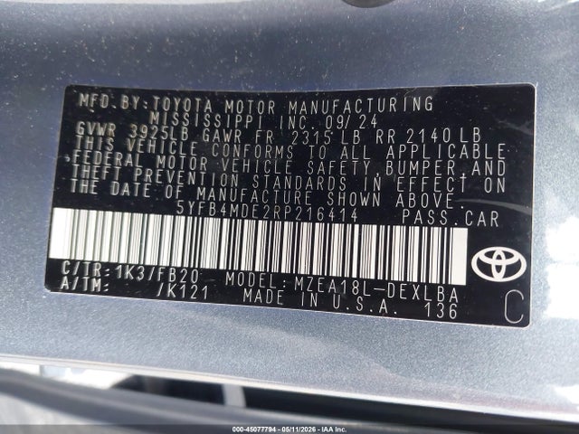 Продажа на аукционе авто 2024 Toyota Corolla Le, vin: 5YFB4MDE2RP216414, номер лота: 45077794