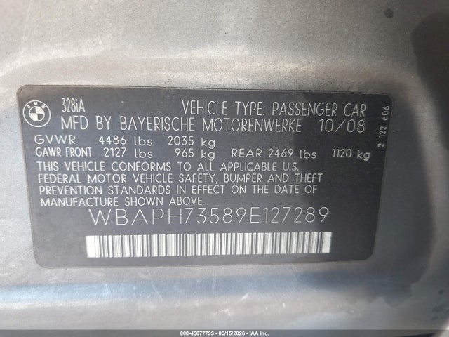 Aukcja sprzedaży 2009 Bmw 328i, vin: WBAPH73589E127289, numer aukcji: 45077799