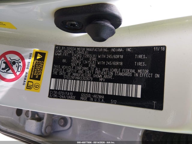 Aukcja sprzedaży 2019 Toyota Highlander Le Plus, vin: 5TDZZRFH6KS302679, numer aukcji: 45077806