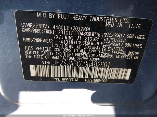 2016 Subaru Forester 2.5i მანქანა იყიდება აუქციონზე, vin: JF2SJABC0GH482601, აუქციონის ნომერი: 45077808