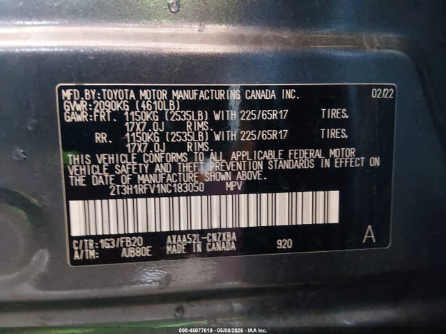 45077819 :رقم المزاد ، 2T3H1RFV1NC183050 vin ، 2022 Toyota Rav4 Le مزاد بيع