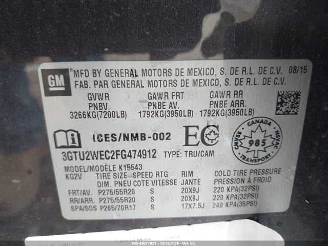 2015 Gmc Sierra 1500 Denali მანქანა იყიდება აუქციონზე, vin: 3GTU2WEC2FG474912, აუქციონის ნომერი: 45077821