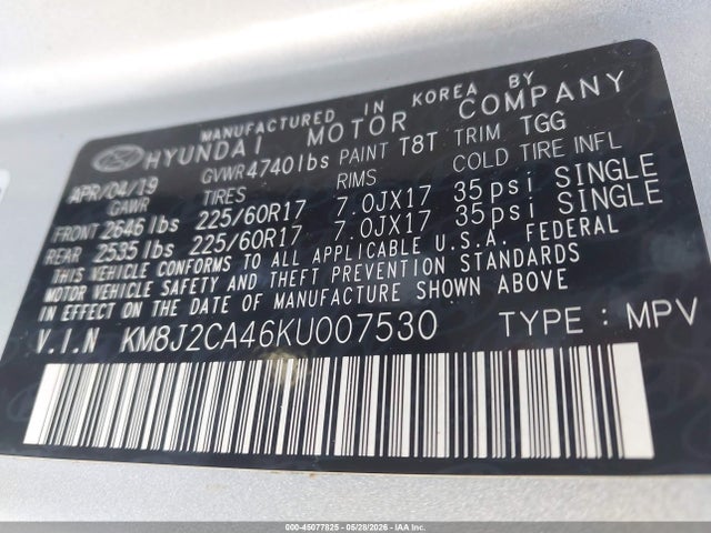 Продаж на аукціоні авто 2019 Hyundai Tucson Se, vin: KM8J2CA46KU007530, номер лоту: 45077825