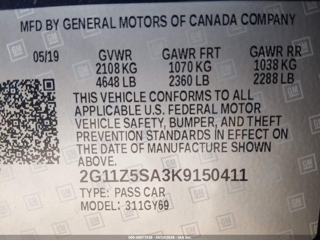 Aukcja sprzedaży 2019 Chevrolet Impala Lt, vin: 2G11Z5SA3K9150411, numer aukcji: 45077836