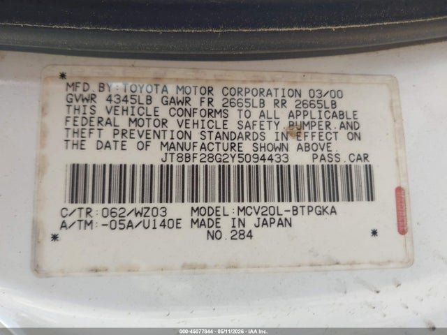 45077844 :رقم المزاد ، JT8BF28G2Y5094433 vin ، 2000 Lexus Es 300 مزاد بيع