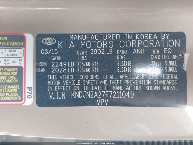 45077850 :رقم المزاد ، KNDJN2A27F7211049 vin ، 2015 Kia Soul مزاد بيع