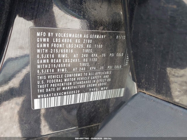 45077862 :رقم المزاد ، WVGAV7AX4CW560529 vin ، 2012 Volkswagen Tiguan S مزاد بيع
