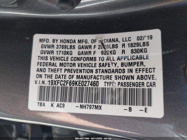 2019 Honda Civic Lx მანქანა იყიდება აუქციონზე, vin: 19XFC2F69KE027460, აუქციონის ნომერი: 45077868