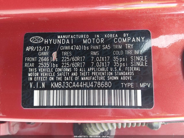 Продаж на аукціоні авто 2017 Hyundai Tucson Se, vin: KM8J3CA44HU478680, номер лоту: 45077873
