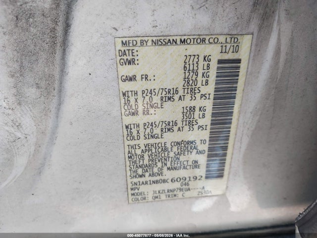 Продажа на аукционе авто 2011 Nissan Pathfinder S, vin: 5N1AR1NB0BC609192, номер лота: 45077877