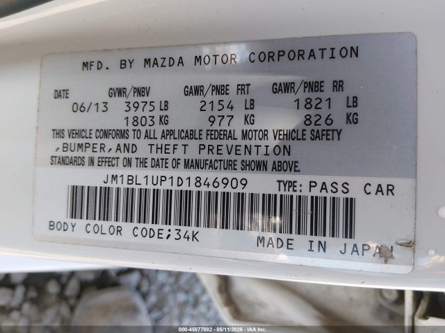 Aukcja sprzedaży 2013 Mazda Mazda3 I Sport, vin: JM1BL1UP1D1846909, numer aukcji: 45077882