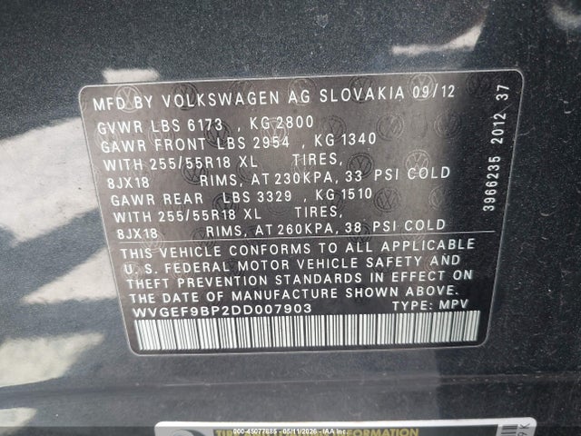 Aukcja sprzedaży 2013 Volkswagen Touareg Vr6 Sport, vin: WVGEF9BP2DD007903, numer aukcji: 45077885