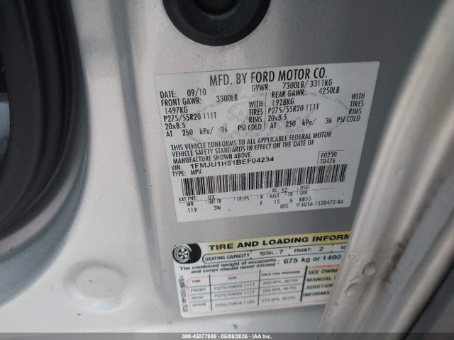 2011 Ford Expedition Xlt მანქანა იყიდება აუქციონზე, vin: 1FMJU1H51BEF04234, აუქციონის ნომერი: 45077886