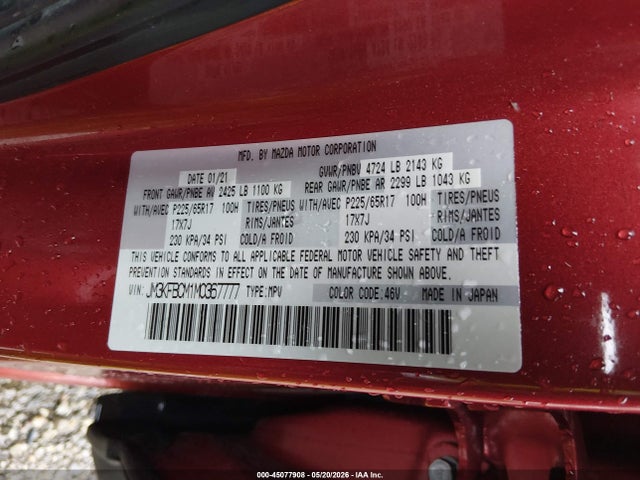 Aukcja sprzedaży 2021 Mazda Cx-5 Touring, vin: JM3KFBCM1M0367777, numer aukcji: 45077908