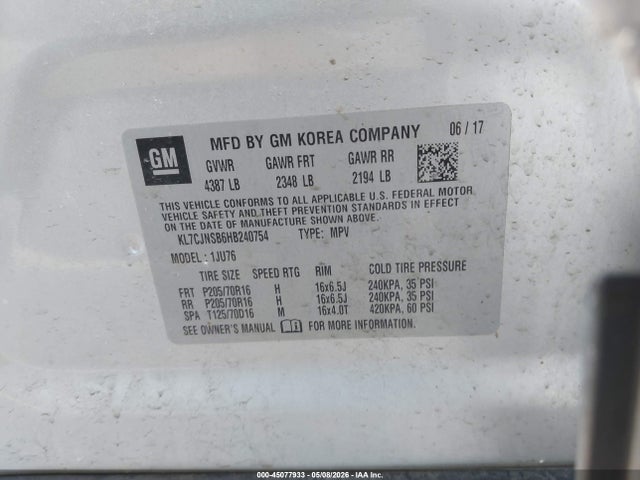 Продажа на аукционе авто 2017 Chevrolet Trax Ls, vin: KL7CJNSB6HB240754, номер лота: 45077933