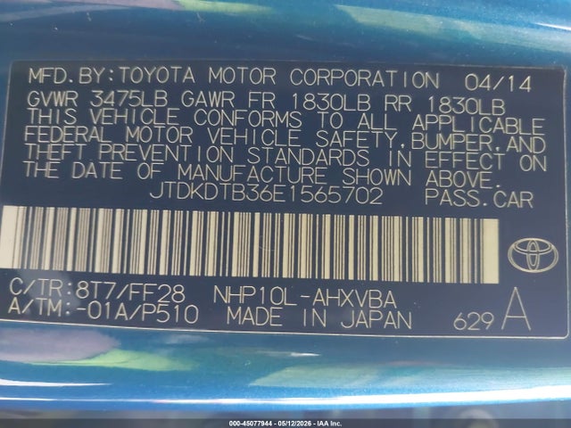 Aukcja sprzedaży 2014 Toyota Prius C Two, vin: JTDKDTB36E1565702, numer aukcji: 45077944