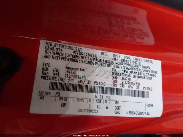 45077953 :رقم المزاد ، 1FADP3K23DL173860 vin ، 2013 Ford Focus Se مزاد بيع