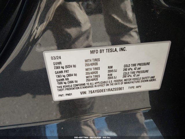 45077964 :رقم المزاد ، 7SAYGDEE1RA255961 vin ، 2024 Tesla Model Y Long Range Dual Motor All-wheel Drive مزاد بيع