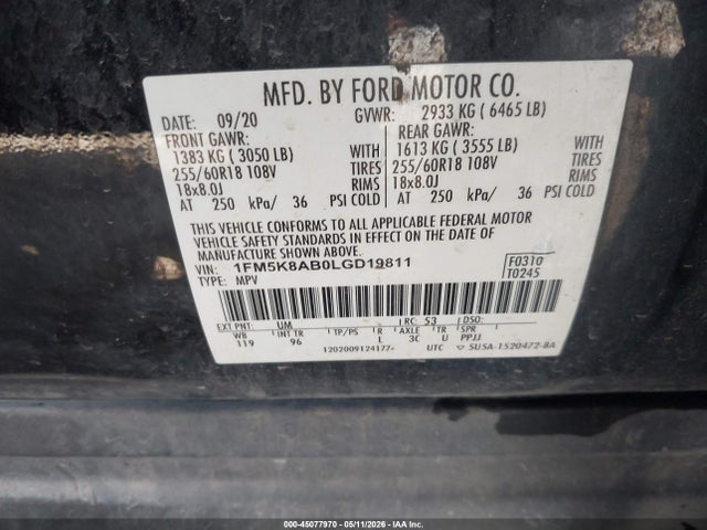 45077970 :رقم المزاد ، 1FM5K8AB0LGD19811 vin ، 2020 Ford Police Interceptor Utility مزاد بيع