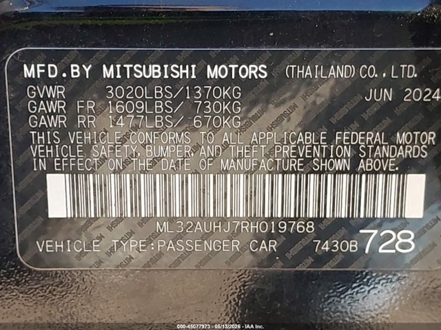 Aukcja sprzedaży 2024 Mitsubishi Mirage Es/le, vin: ML32AUHJ7RH019768, numer aukcji: 45077973