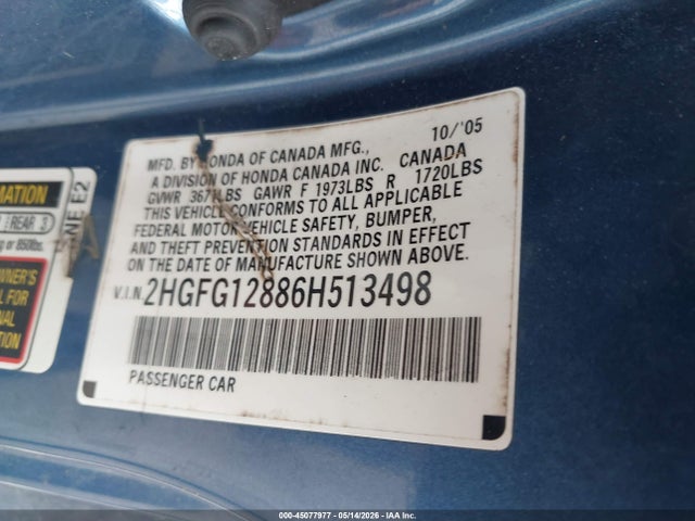Aukcja sprzedaży 2006 Honda Civic Ex, vin: 2HGFG12886H513498, numer aukcji: 45077977