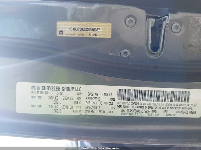 45077978 :رقم المزاد ، 1C4NJPBAXCD576287 vin ، 2012 Jeep Patriot Sport مزاد بيع