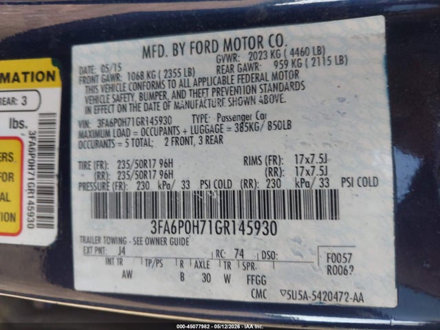 45077982 :رقم المزاد ، 3FA6P0H71GR145930 vin ، 2016 Ford Fusion Se مزاد بيع
