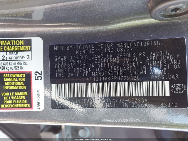 45077988 :رقم المزاد ، 4T1G11AK3PU729190 vin ، 2023 Toyota Camry Se مزاد بيع